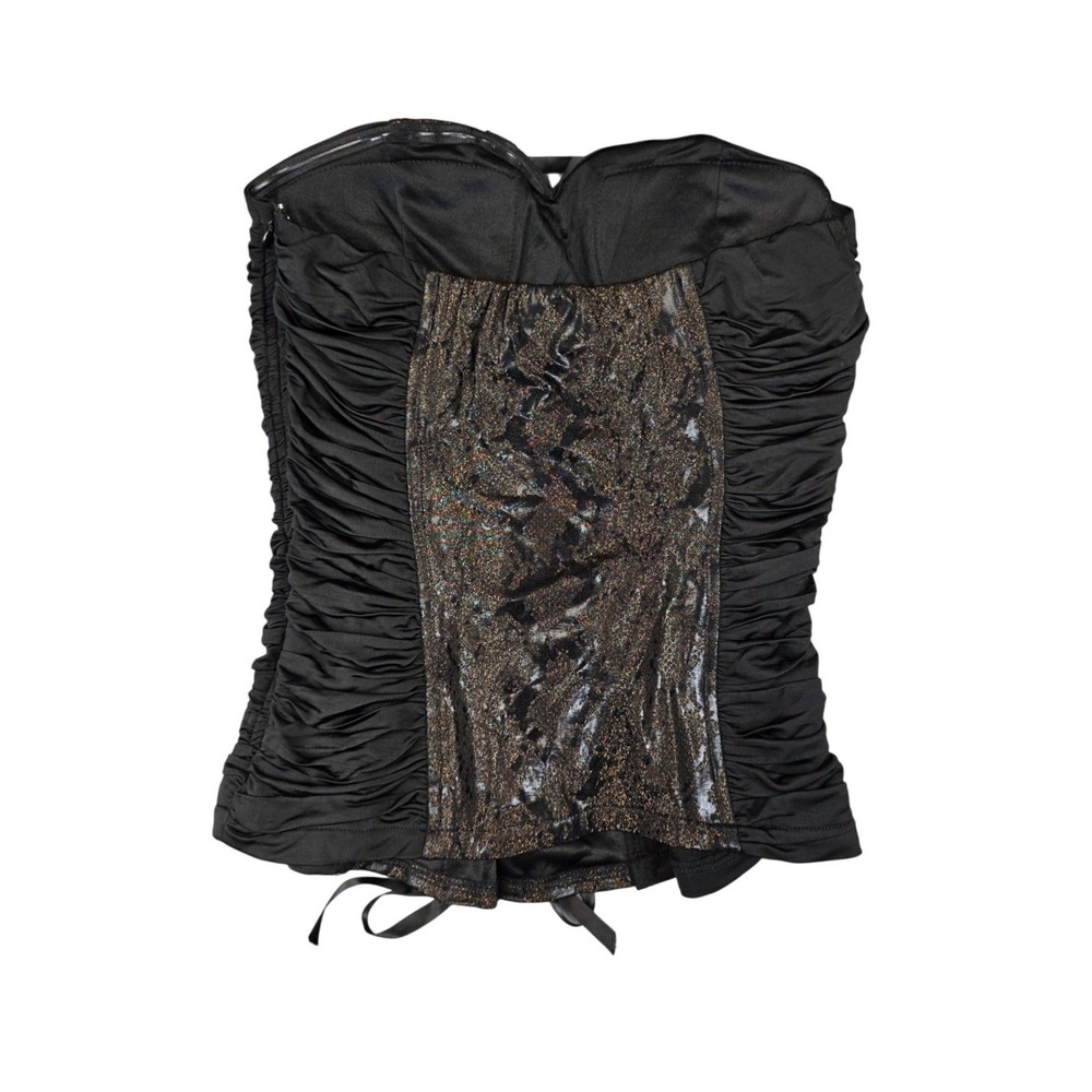Aggie Corset Top Women L Black Gold Metallic Ruched Lace Up Goth Y2K Steampunk - Picture 2 of 6